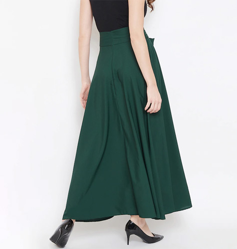 Green Bow Tie Waist Flared Maxi Skirt